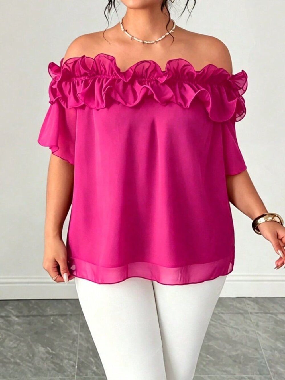 Hot Pink Casual Women's Ruffle Hem Short Sleeve Off-Shoulder Chiffon Top